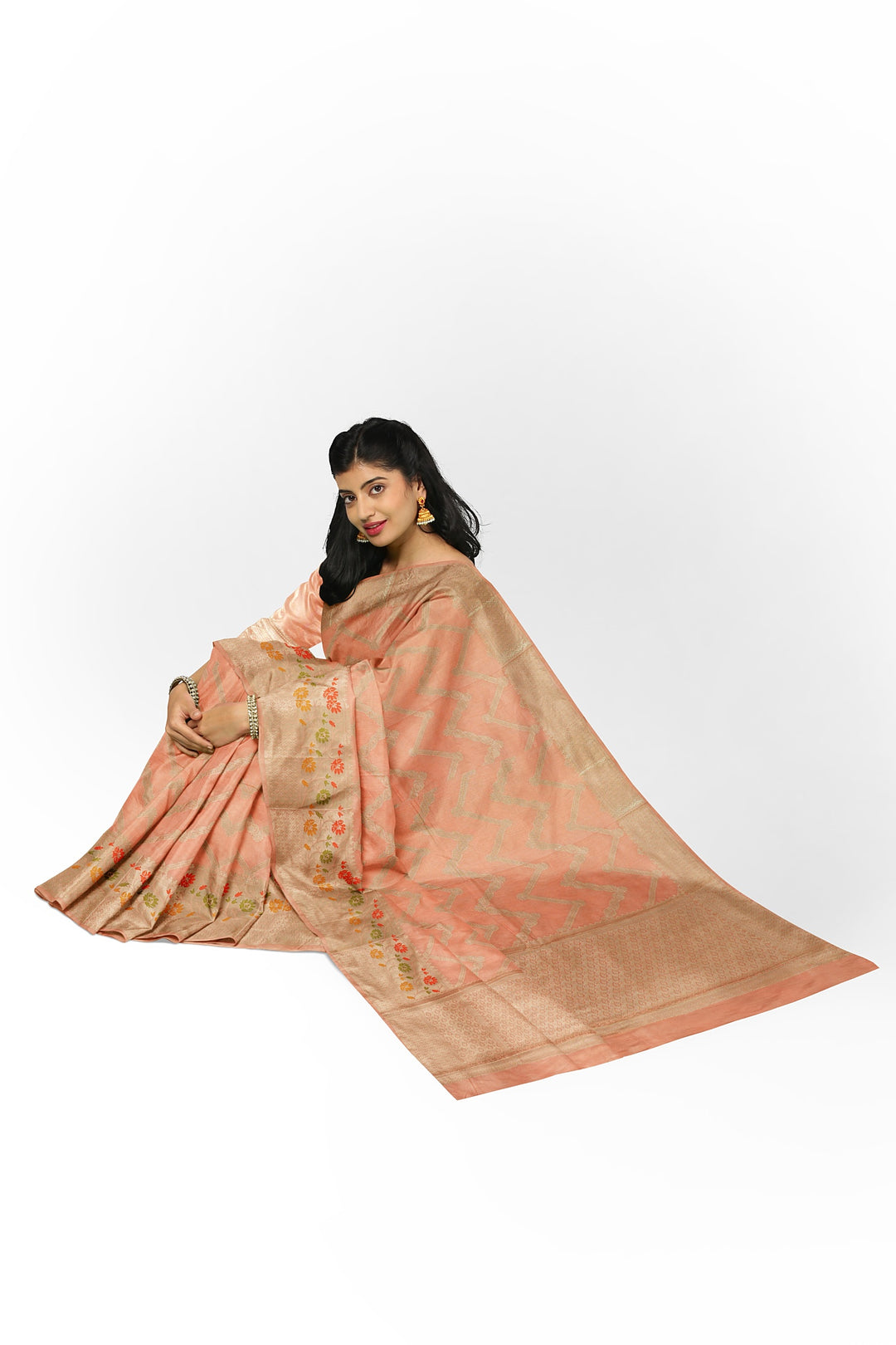 PEACHISH COLOUR BLENDED BANARASI KATAN SONA RUPA ZARI HANDLOOM SAREE