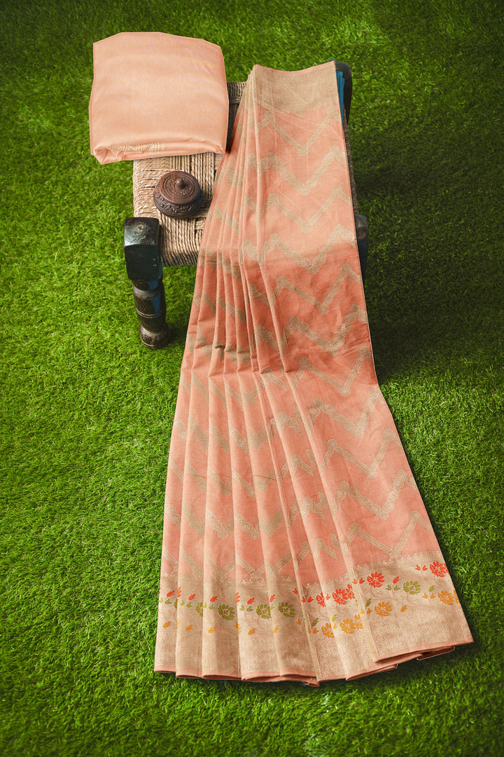 PEACHISH COLOUR BLENDED BANARASI KATAN SONA RUPA ZARI HANDLOOM SAREE