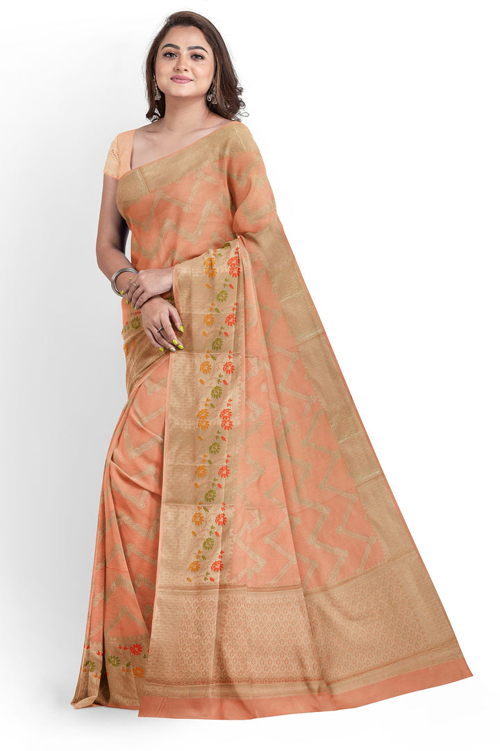 PEACHISH COLOUR BLENDED BANARASI KATAN SONA RUPA ZARI HANDLOOM SAREE