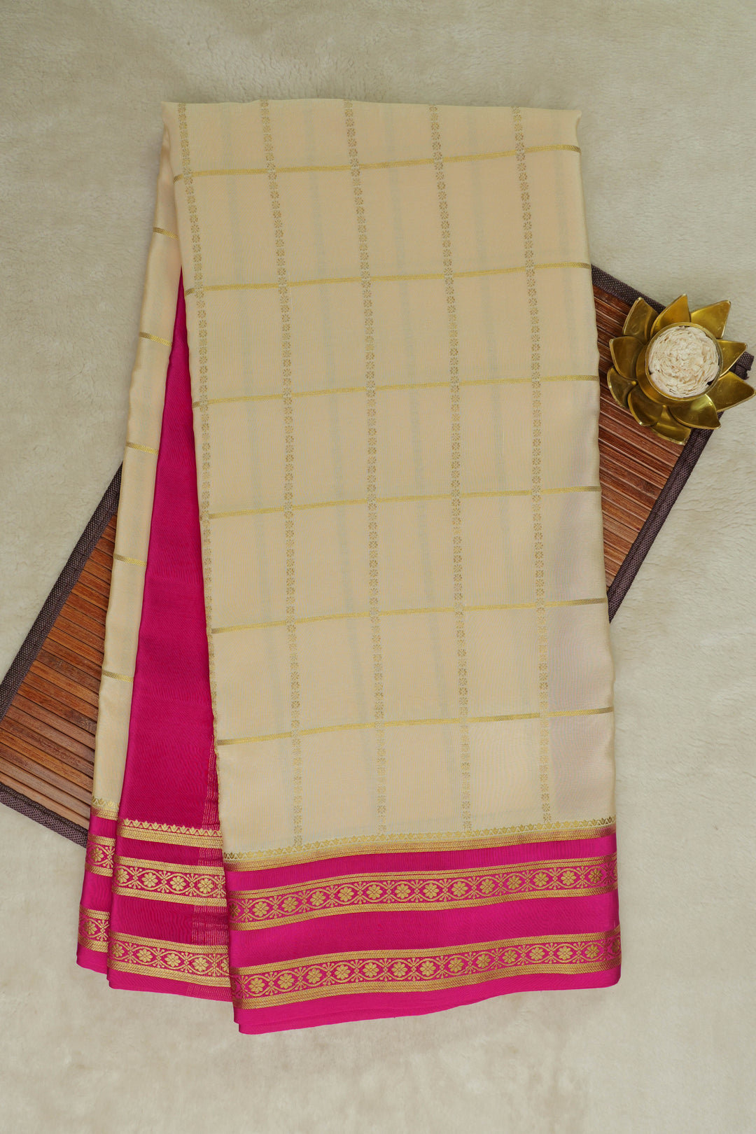 Cream Checks Mysore Silk Saree with Pink Border