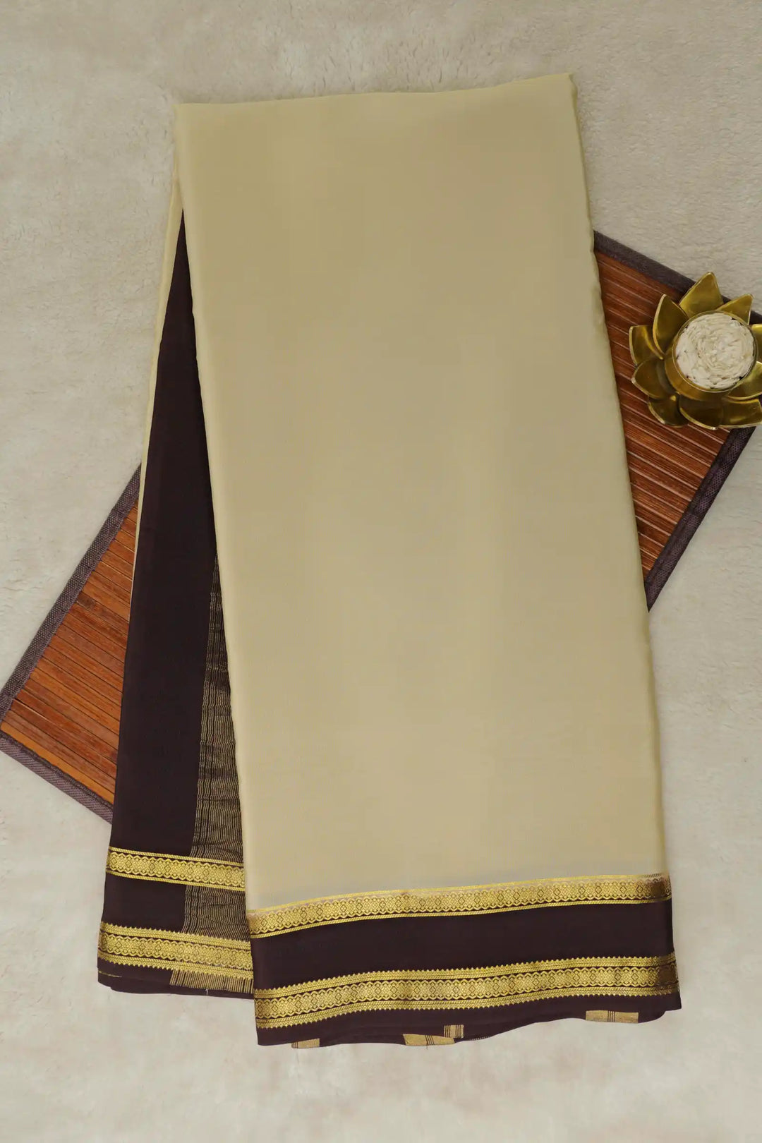 Cream Mysore Silk Saree with Brown Border and Gold Zari