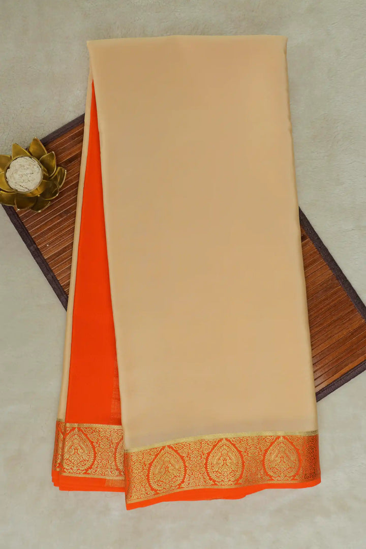 Cream Mysore Silk Saree with Orange Border and Gold Zari Lace
