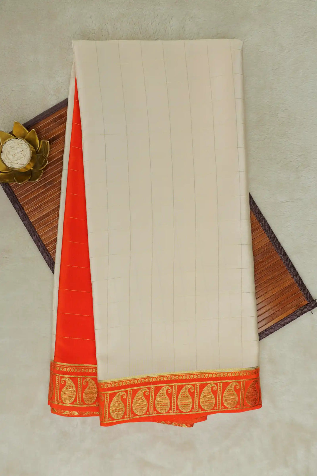 Cream Mysore Silk Saree with Orange Border and Gold Zari Motifs