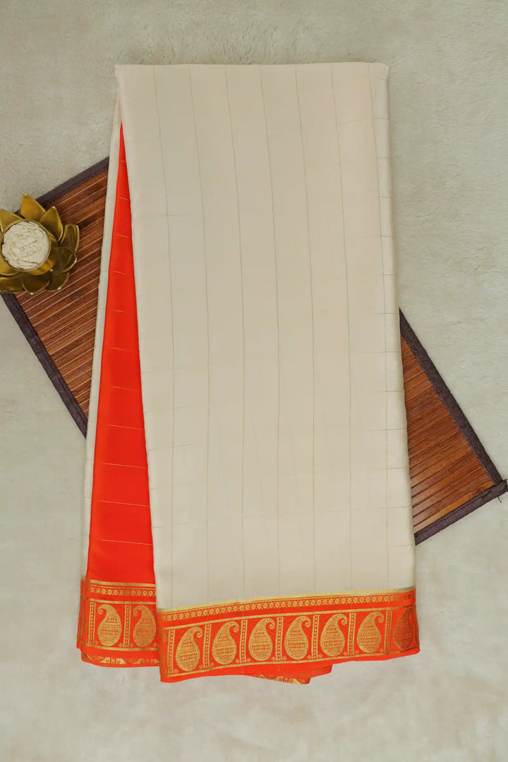 Cream Mysore Silk Saree with Orange Border and Gold Zari Motifs
