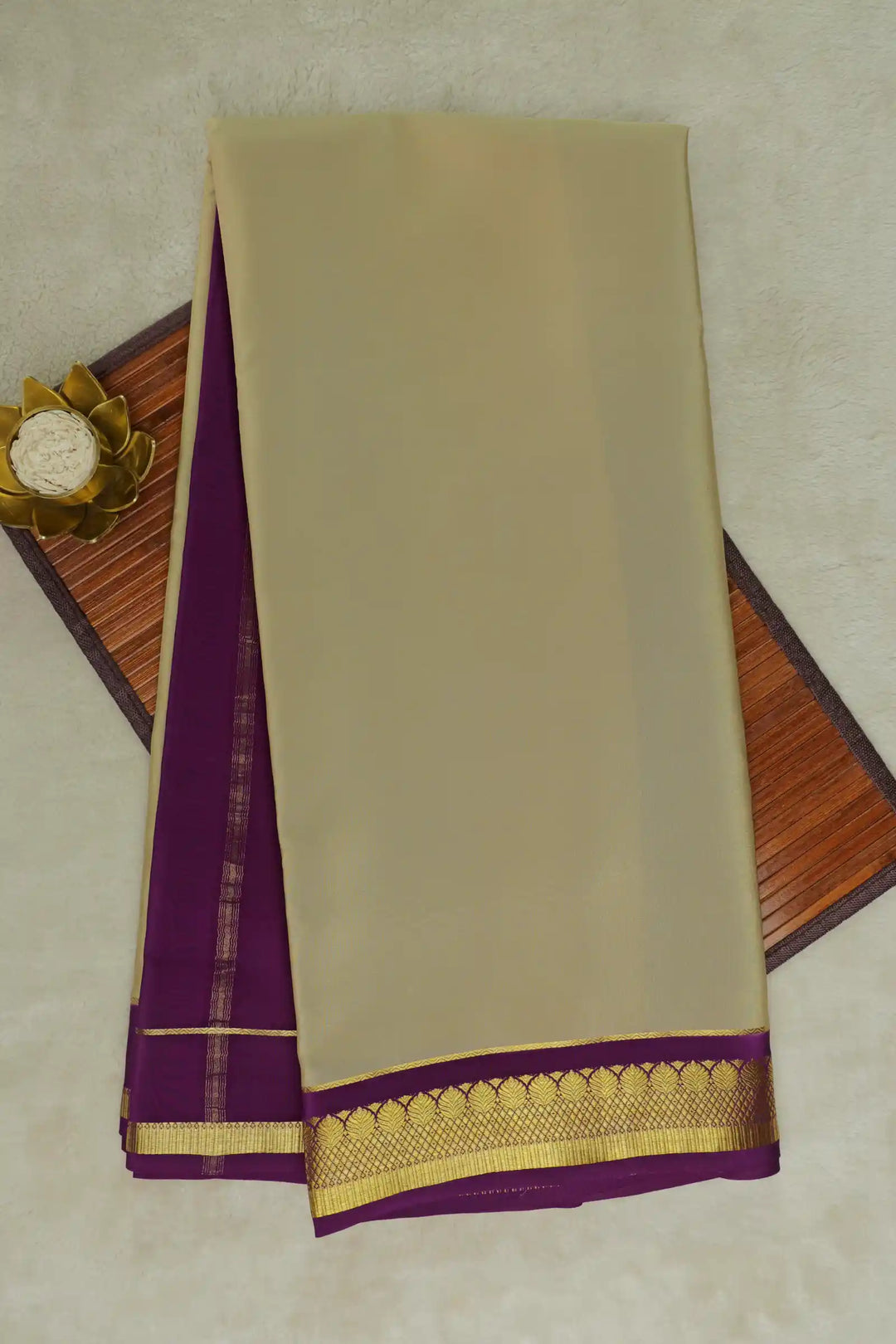 Cream Mysore Silk Saree with Purple Border and Gold Zari Lace