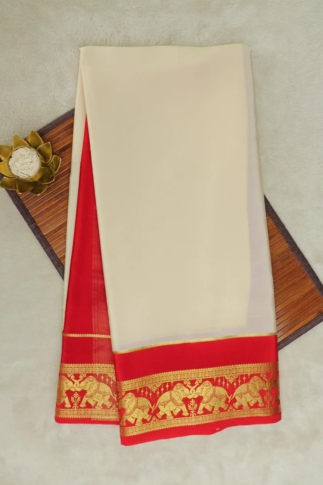 Cream Mysore Silk Saree with Red And Elephant Border