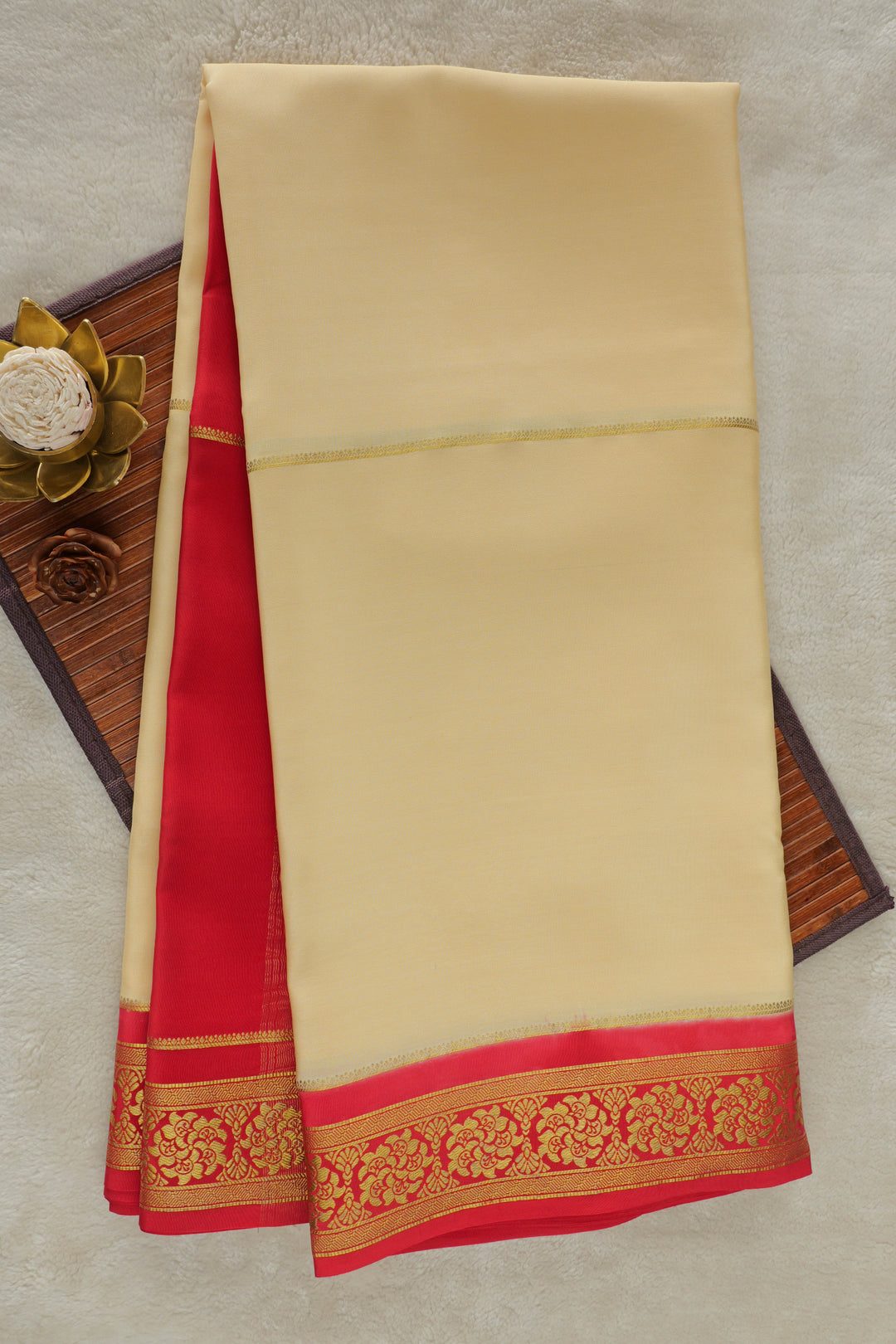 Cream Mysore Silk Saree with Red Pallu and Golden Floral Patterns