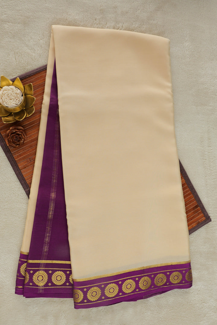 Cream Mysore silk saree with contrast purple border