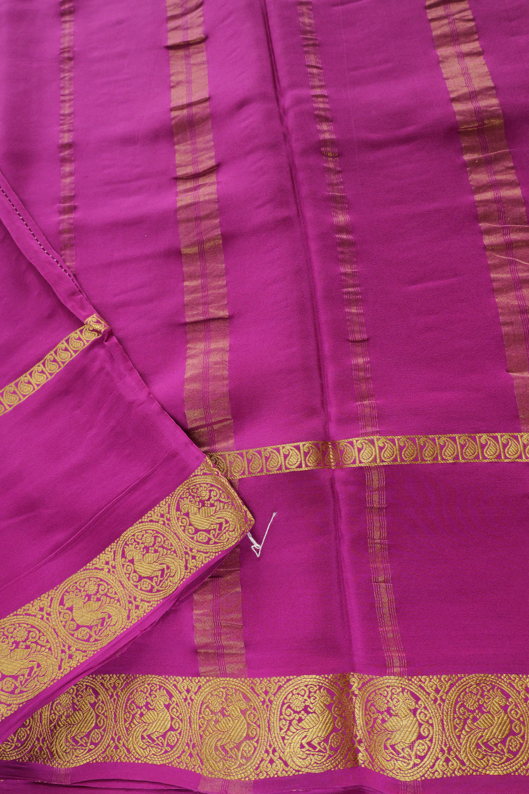 Cream Mysore silk saree with purple contrast pallu and zari