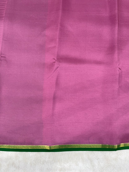 Pure Zari Mysore Silk Saree Half Inch Border In Onion Pink With Green Contrast Color Blouse