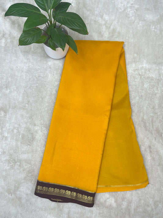 Pure Zari Mysore Silk Saree Elephant Border In Yellow With Brown Contrast Color Blouse