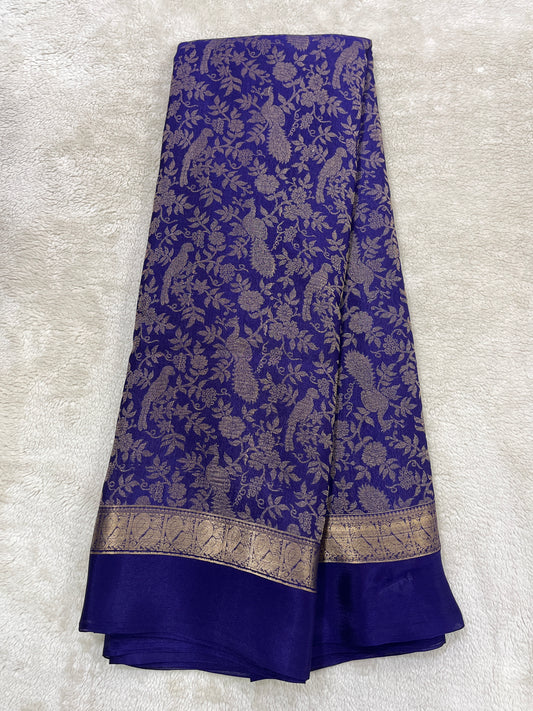 Pure crepe blue with golden border Mysore silk 1111802-(80 GSM)