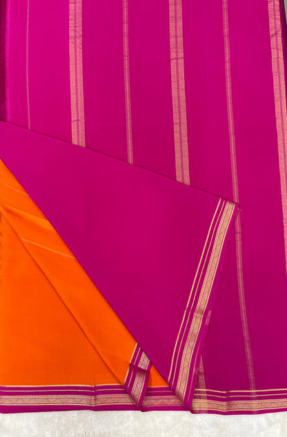 Two Line One Inch Border in Gold Lace Mysore silk saree In Orange With Pink Contrast Color