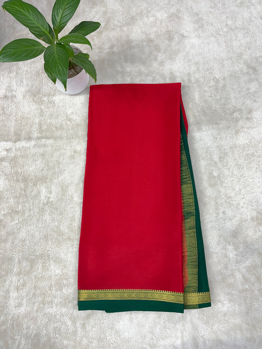 Pure Zari Mysore Silk Saree One Inch Dimond Border In Red With Green Contrast Color Blouse