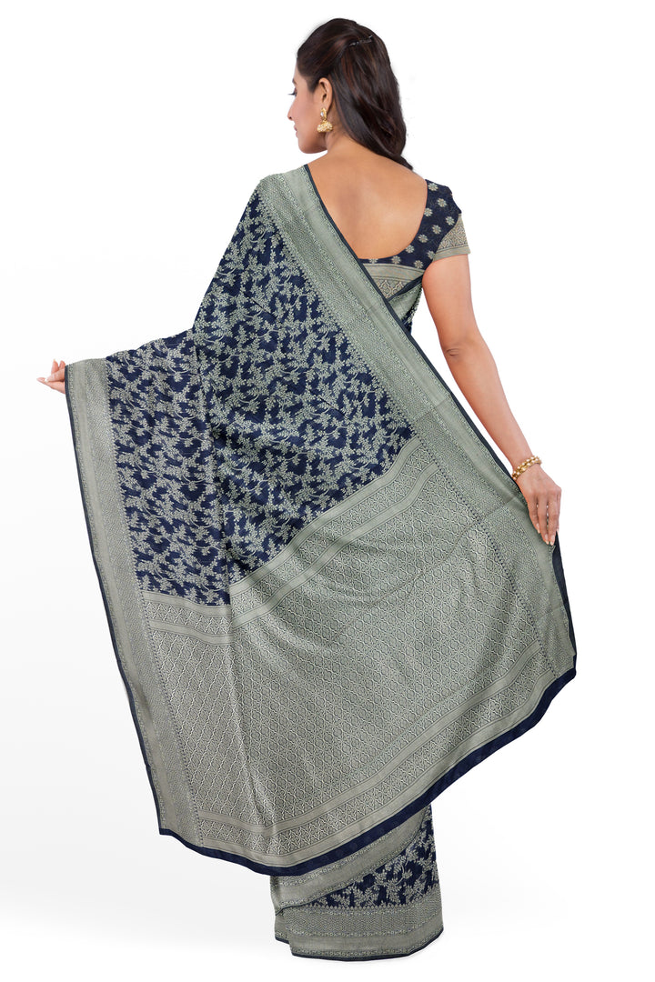 DEEP BLUE COLOUR BLENDED COTTON SADA BANARASI HANDLOOM SAREE - ATHARVA