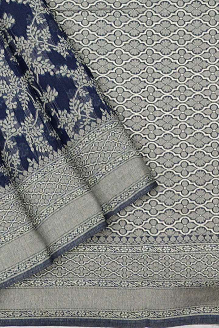 DEEP BLUE COLOUR BLENDED COTTON SADA BANARASI HANDLOOM SAREE - ATHARVA