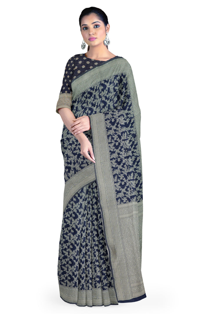 DEEP BLUE COLOUR BLENDED COTTON SADA BANARASI HANDLOOM SAREE - ATHARVA