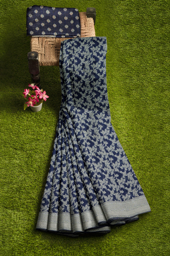 DEEP BLUE COLOUR BLENDED COTTON SADA BANARASI HANDLOOM SAREE - ATHARVA