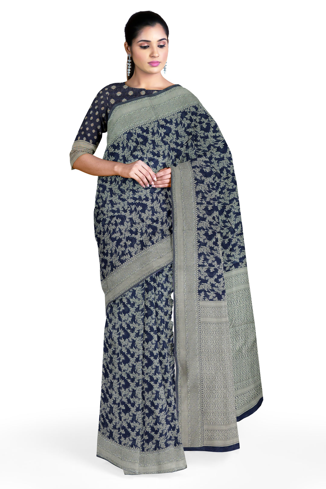 DEEP BLUE COLOUR BLENDED COTTON SADA BANARASI HANDLOOM SAREE