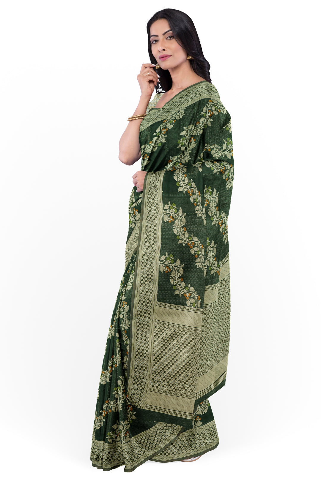 DARK GREEN COLOUR BLENDED CHANDERI COTTON BANARASI HANDLOOM SAREE - ATHARVA