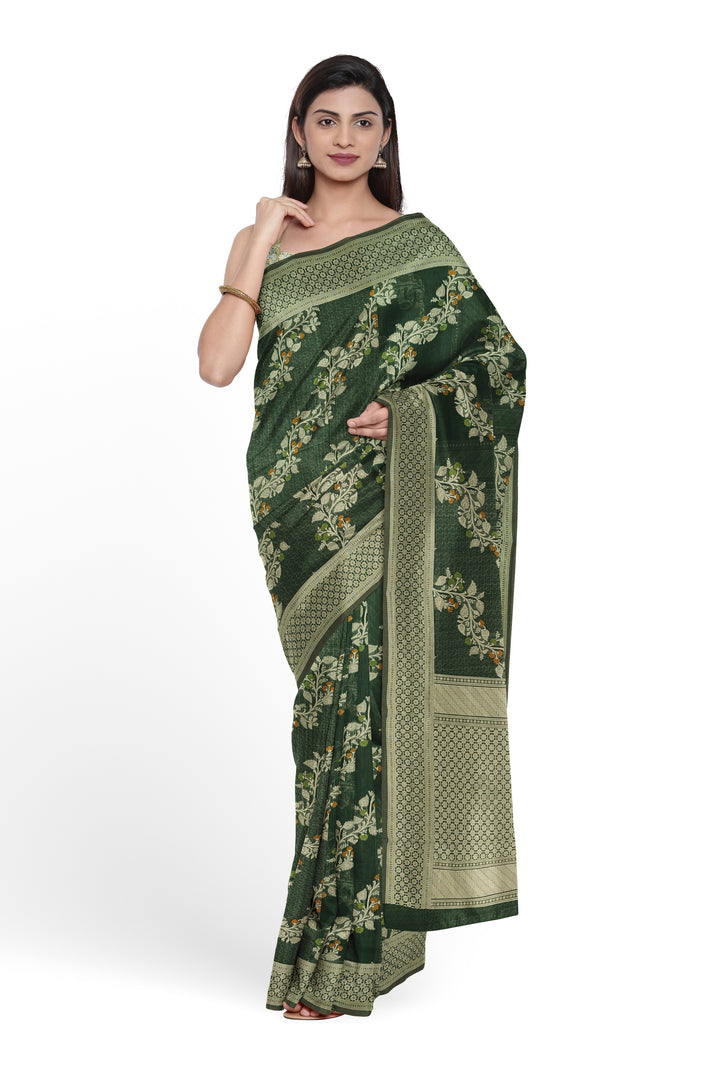 DARK GREEN COLOUR BLENDED CHANDERI COTTON BANARASI HANDLOOM SAREE