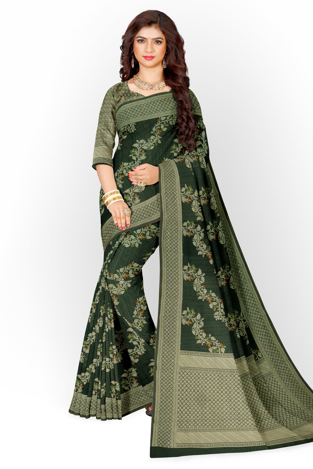 DARK GREEN COLOUR BLENDED CHANDERI COTTON BANARASI HANDLOOM SAREE