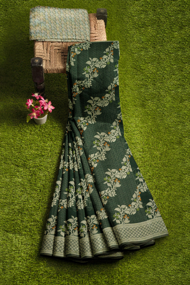 DARK GREEN COLOUR BLENDED CHANDERI COTTON BANARASI HANDLOOM SAREE