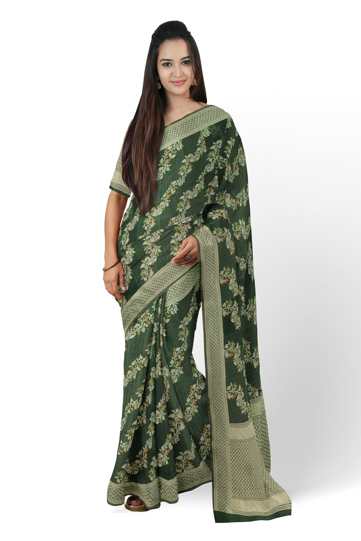 DARK GREEN COLOUR BLENDED CHANDERI COTTON BANARASI HANDLOOM SAREE - ATHARVA