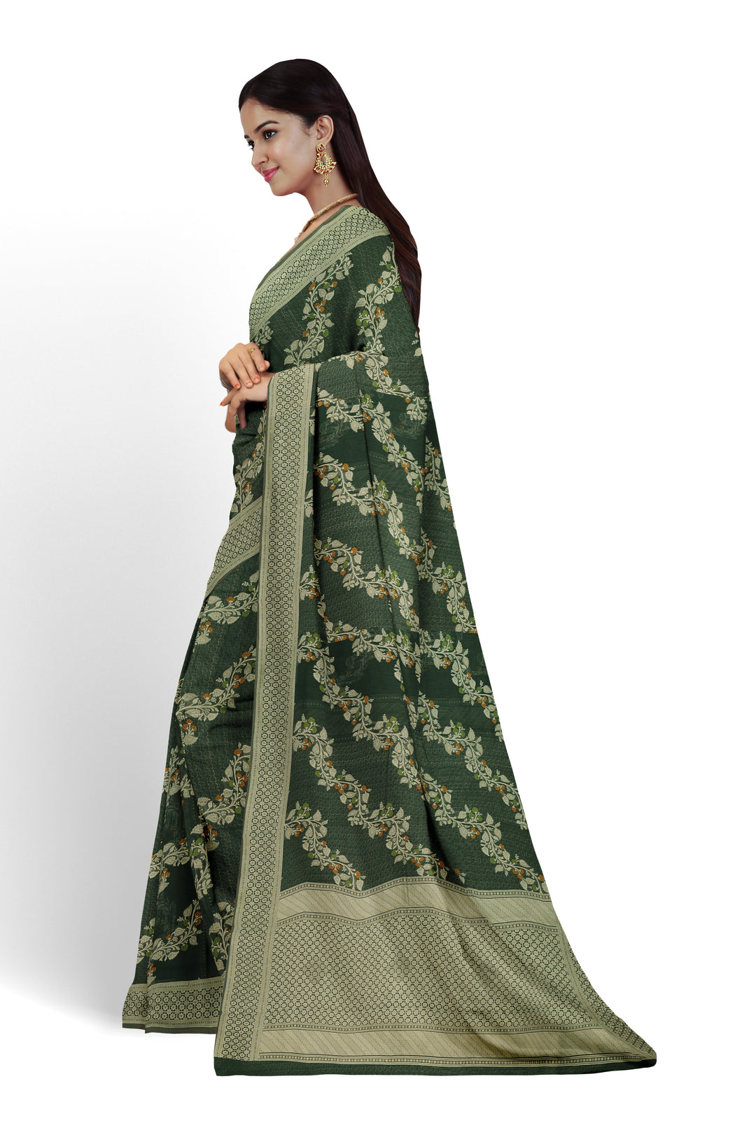 DARK GREEN COLOUR BLENDED CHANDERI COTTON BANARASI HANDLOOM SAREE - ATHARVA