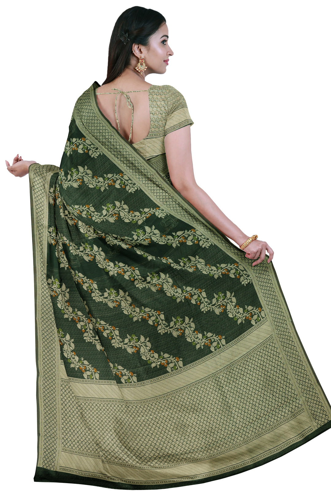 DARK GREEN COLOUR BLENDED CHANDERI COTTON BANARASI HANDLOOM SAREE - ATHARVA