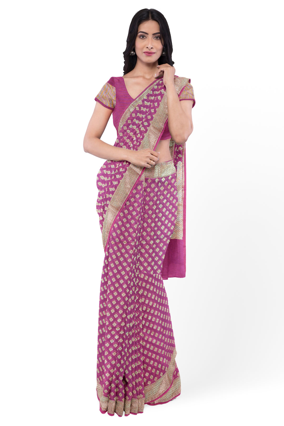 PINK COLOUR BLENDED GEORGETTE BANARASI HANDLOOM SAREE - ATHARVA