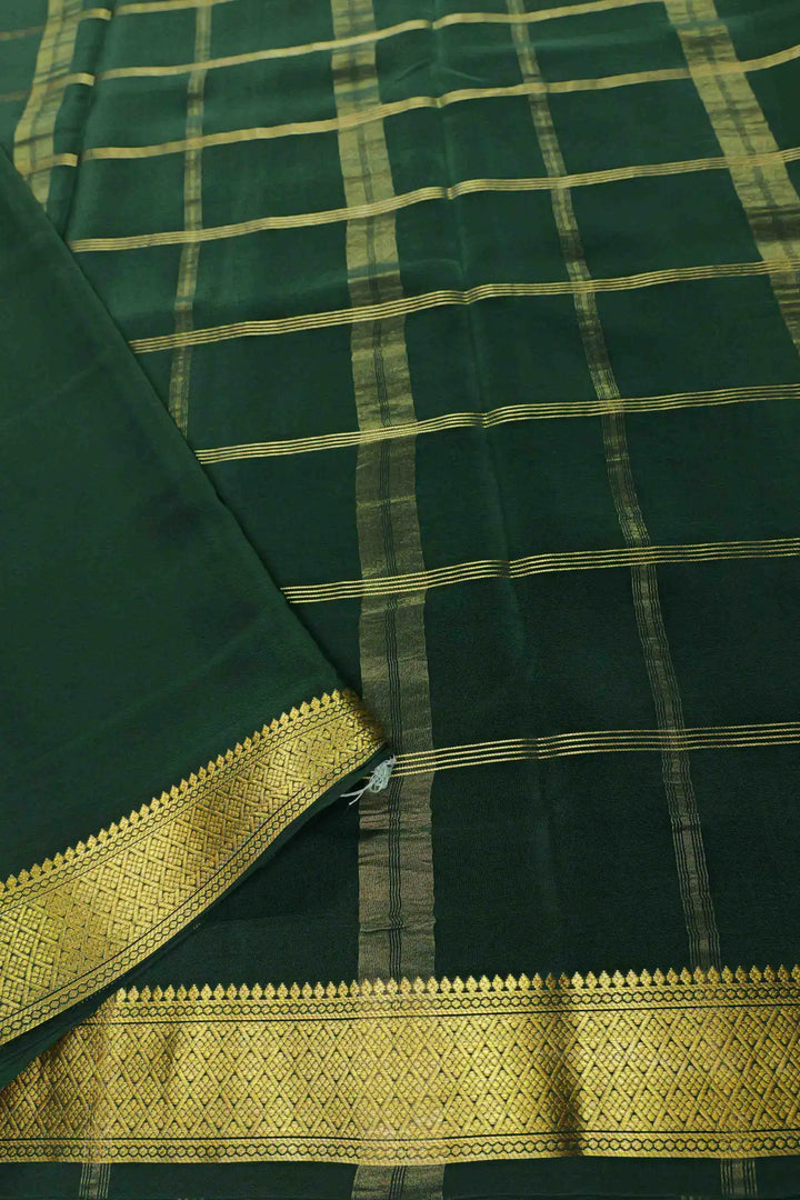 Dark Green Mysore Silk Saree with Golden Zari Checkered Pattern and Pallu