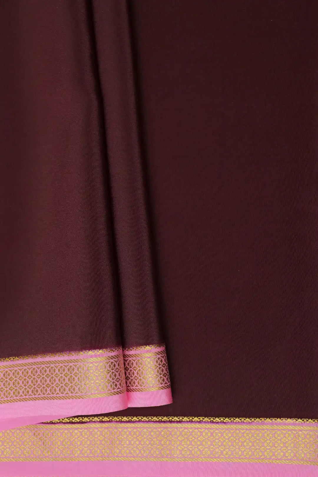Dark brown silk saree with pink contrast border