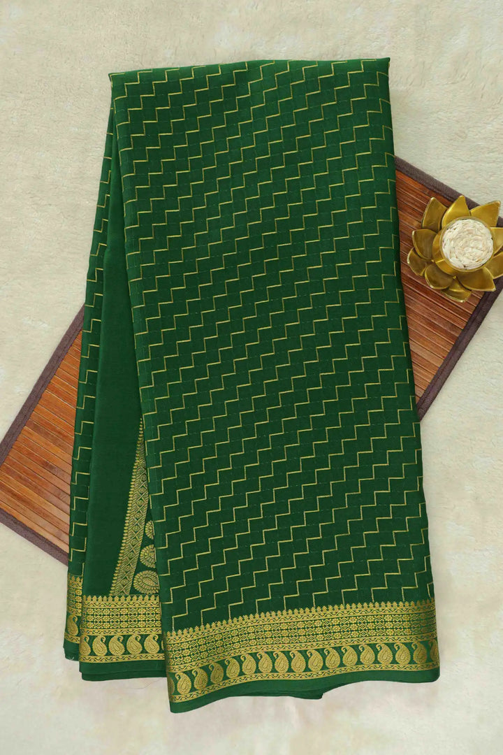Dark green Mysore Silk Saree with green pallu and gold Zari