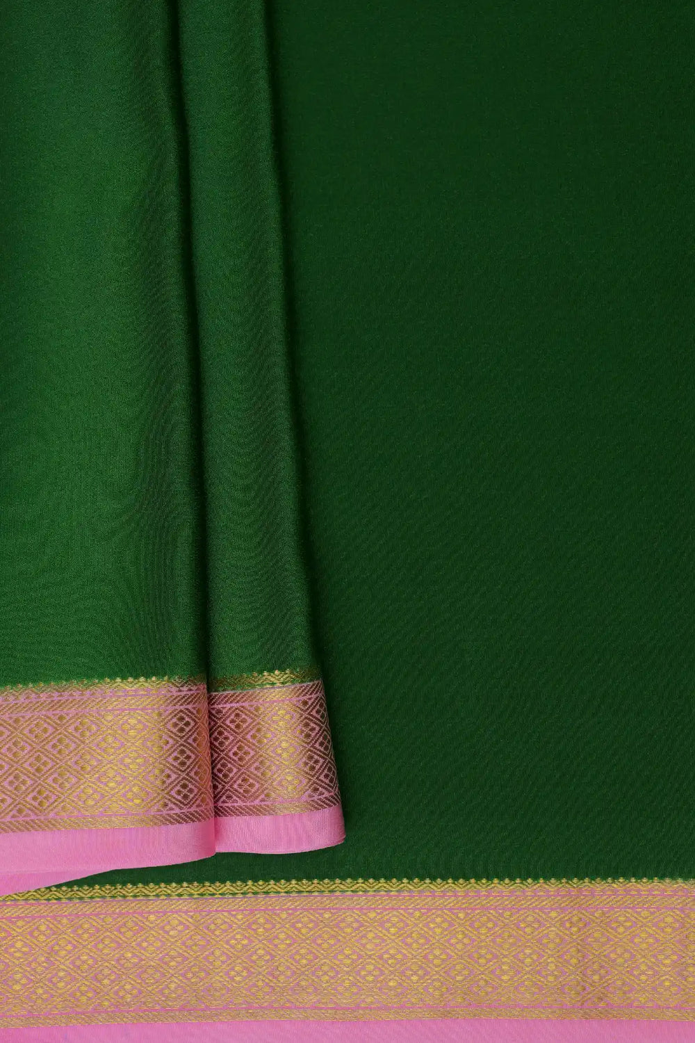 Dark green mysore silk saree with pink contrast border