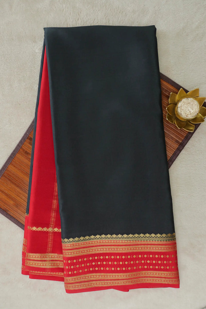 Dotted Butta Border Pure Mysore Silk Saree in Black and Red Color 