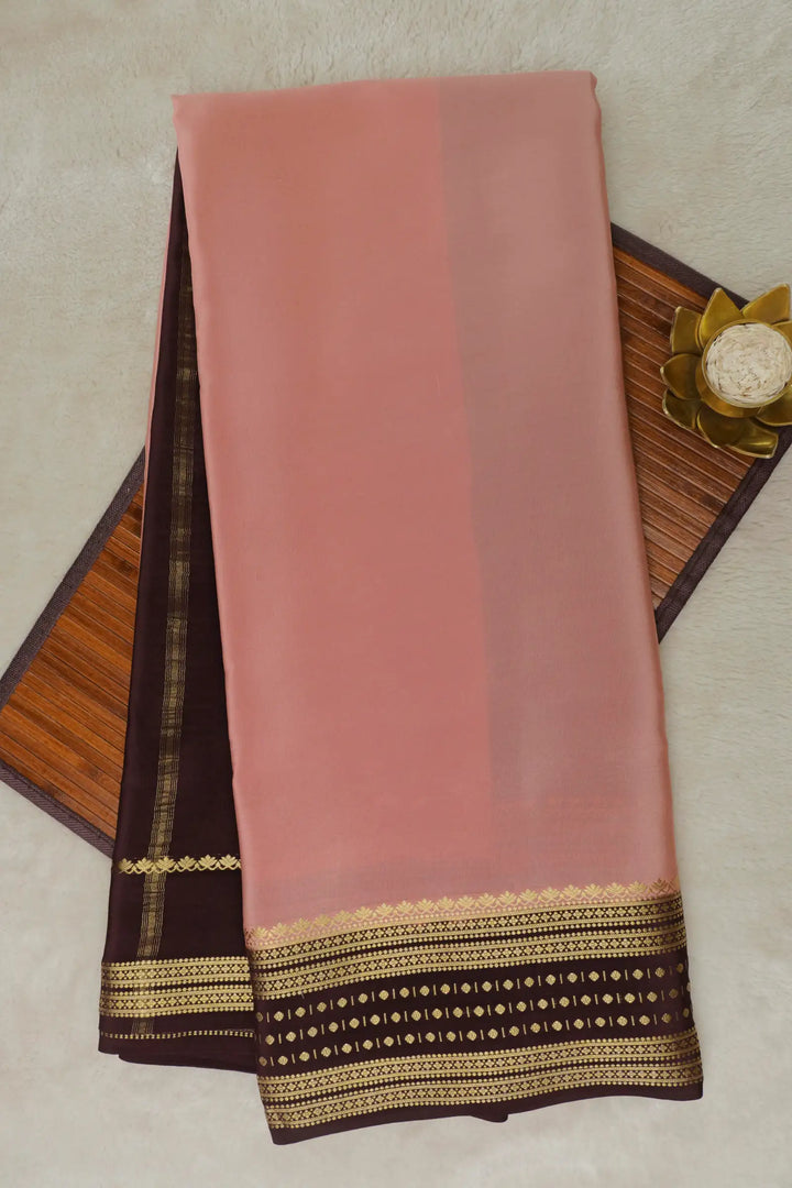 Dotted Butta Border Pure Mysore Silk Saree in Pink and Brown Color