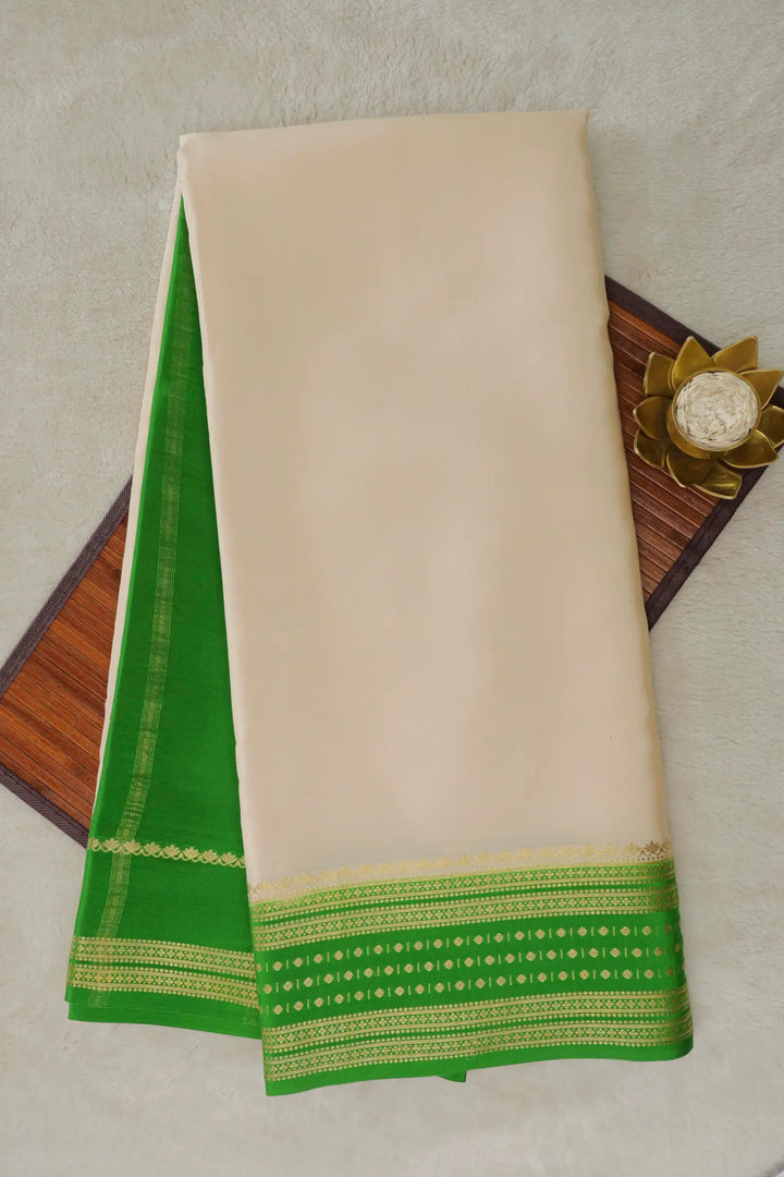 Dotted Butta Border Pure Mysore Silk Saree in White and Green Color