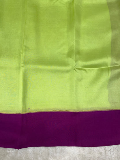 Pure Zari Mysore Silk Saree Bentex Border In Pista Green With Dark Pink Contrast Color