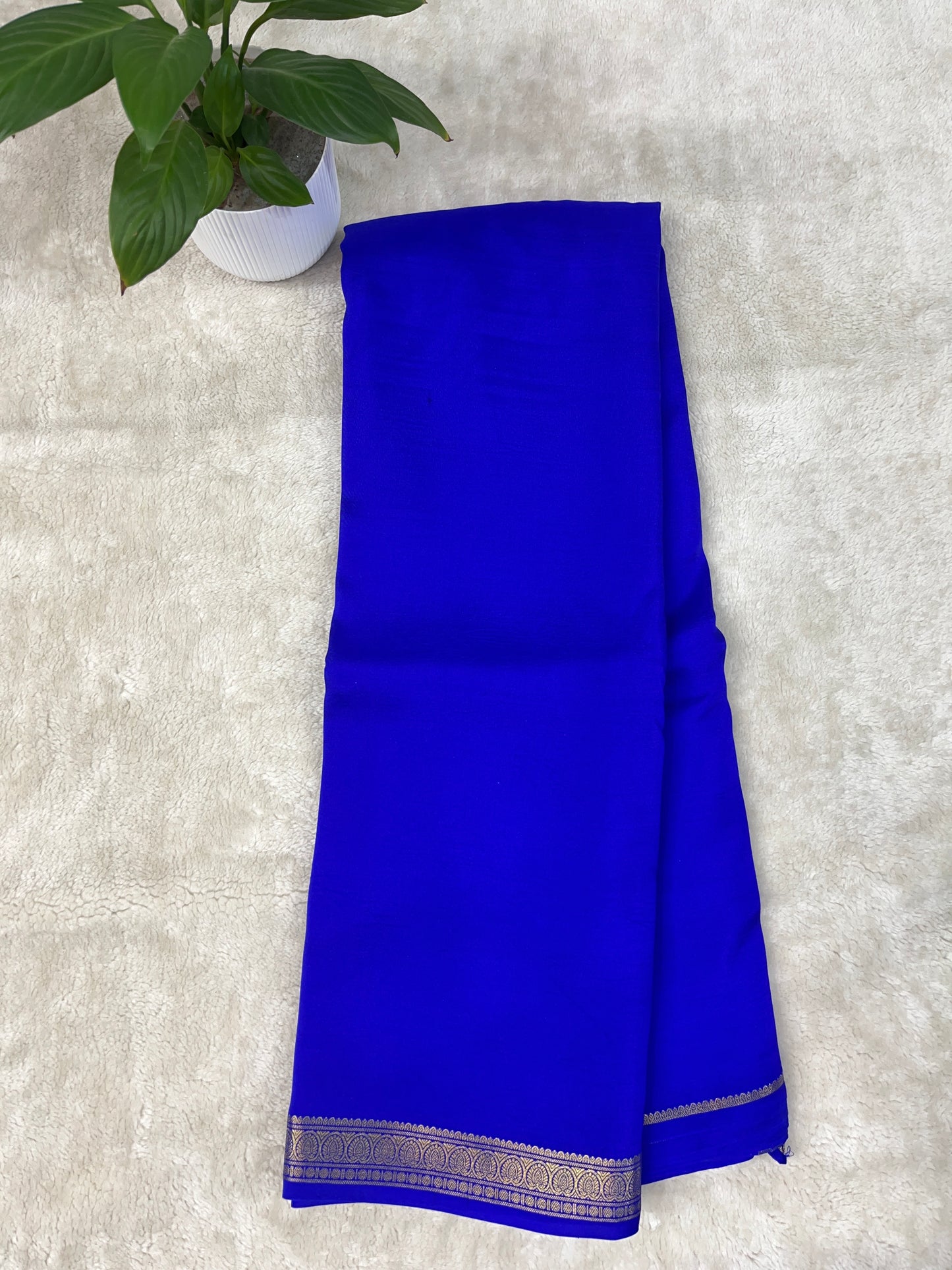 Pure Zari Mysore Silk Saree Leaf Border In Royal Blue With Self Color Blouse