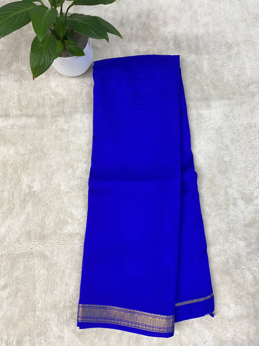 Pure Zari Mysore Silk Saree Leaf Border In Royal Blue With Self Color Blouse