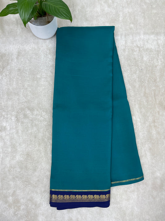 Pure Zari Mysore Silk Saree Elephant Border In Peacock Green With Navy Blue Contrast Color Blouse