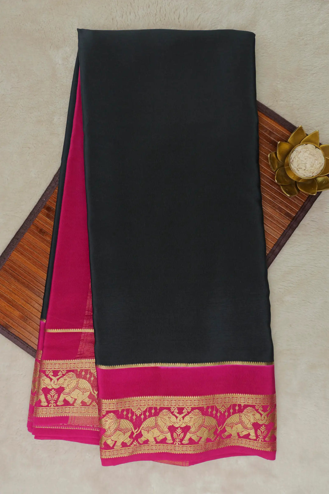 Elephant Border Pure Mysore Silk Saree in Black and Pink Color with Contrast Pink Color Blouse