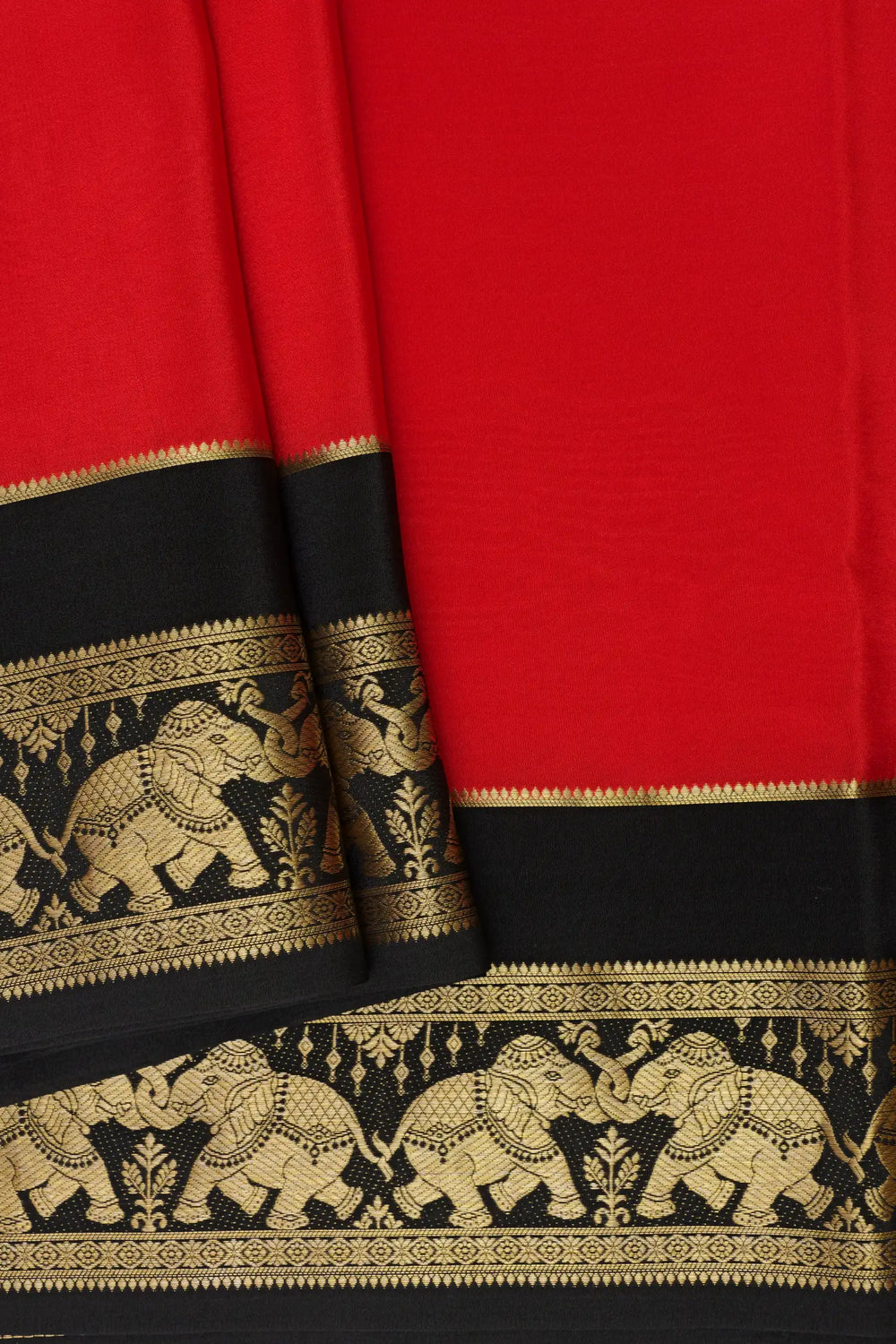 Elephant Border Pure Mysore Silk Saree in Red with Contrast Black 