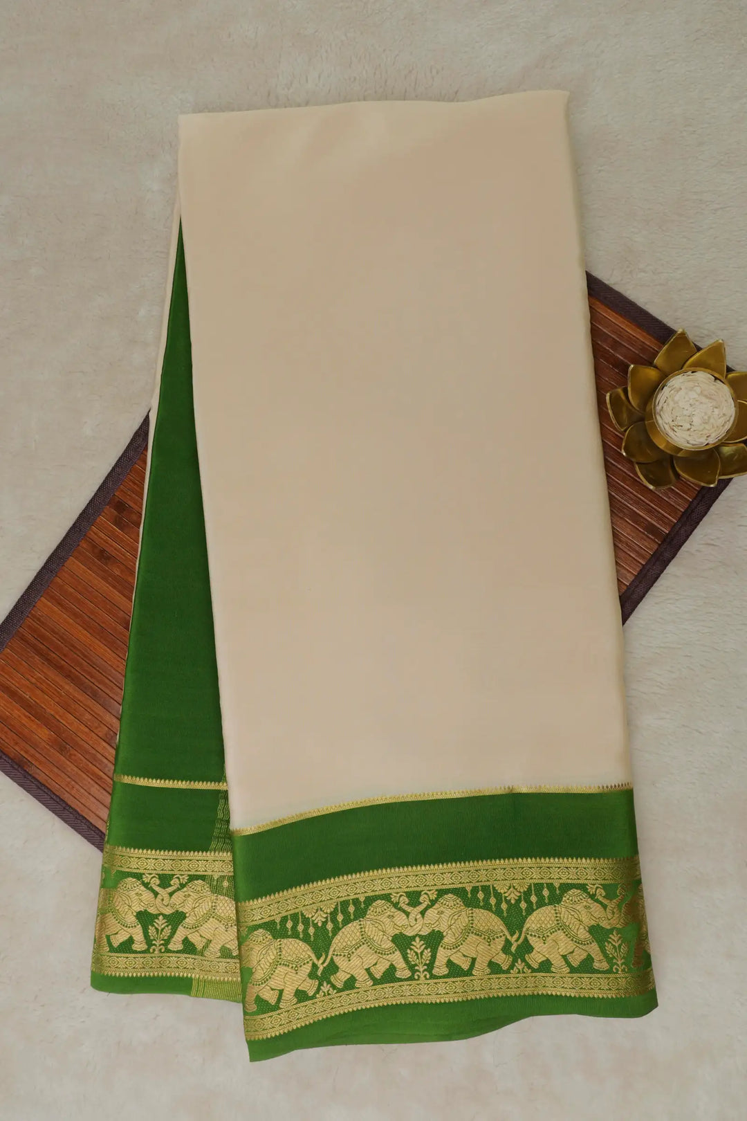 Elephant Border Pure Mysore Silk Saree in White and Green Color with Contrast Green Blouse