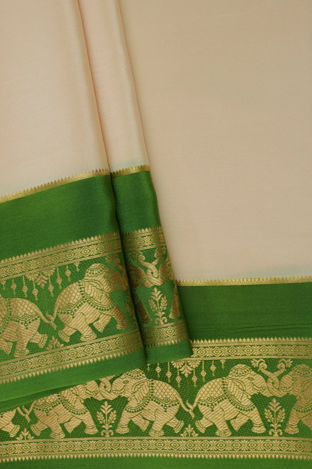 Elephant Border Pure Mysore Silk Saree in White with Contrast Green Blouse