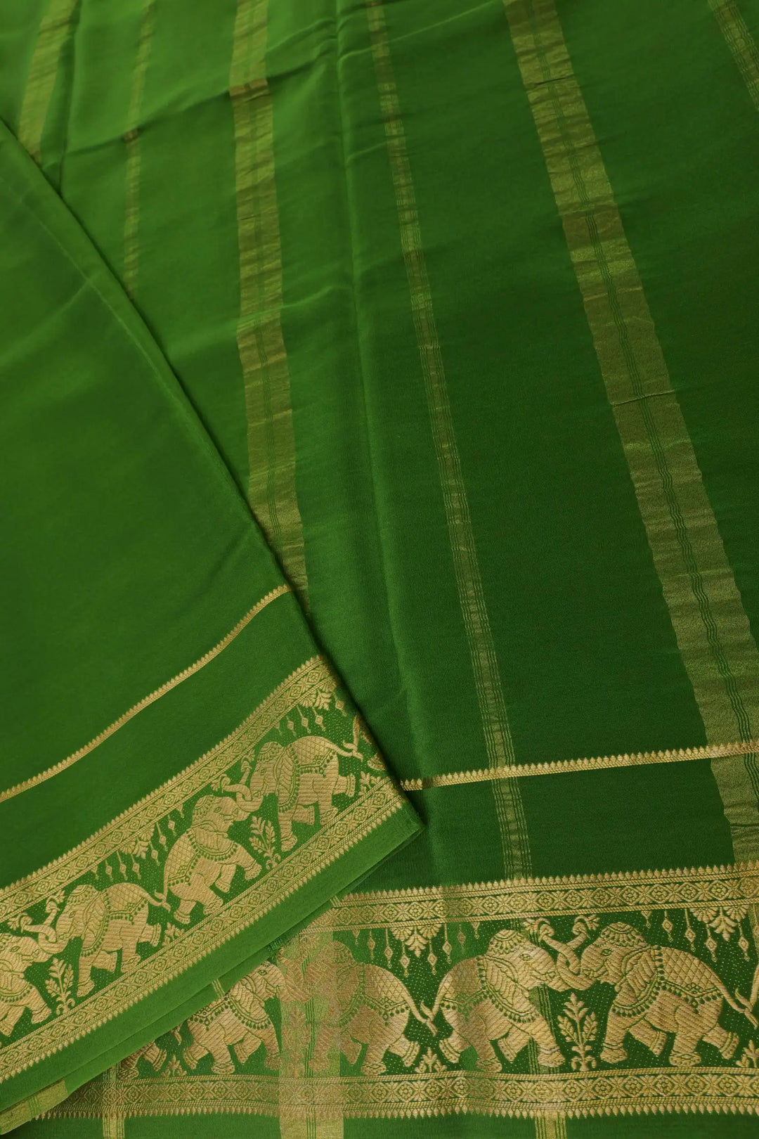Elephant Border Pure Mysore Silk Saree in White with Contrast Green pallu