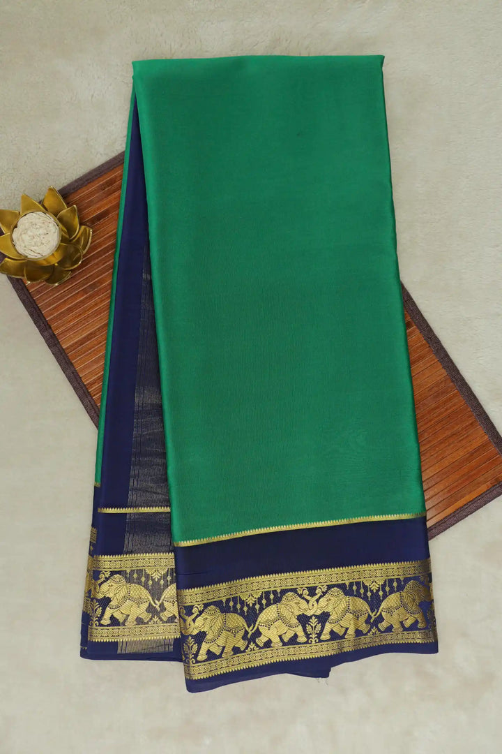 Elephant Bordered Mysore Silk Saree in Green and Blue