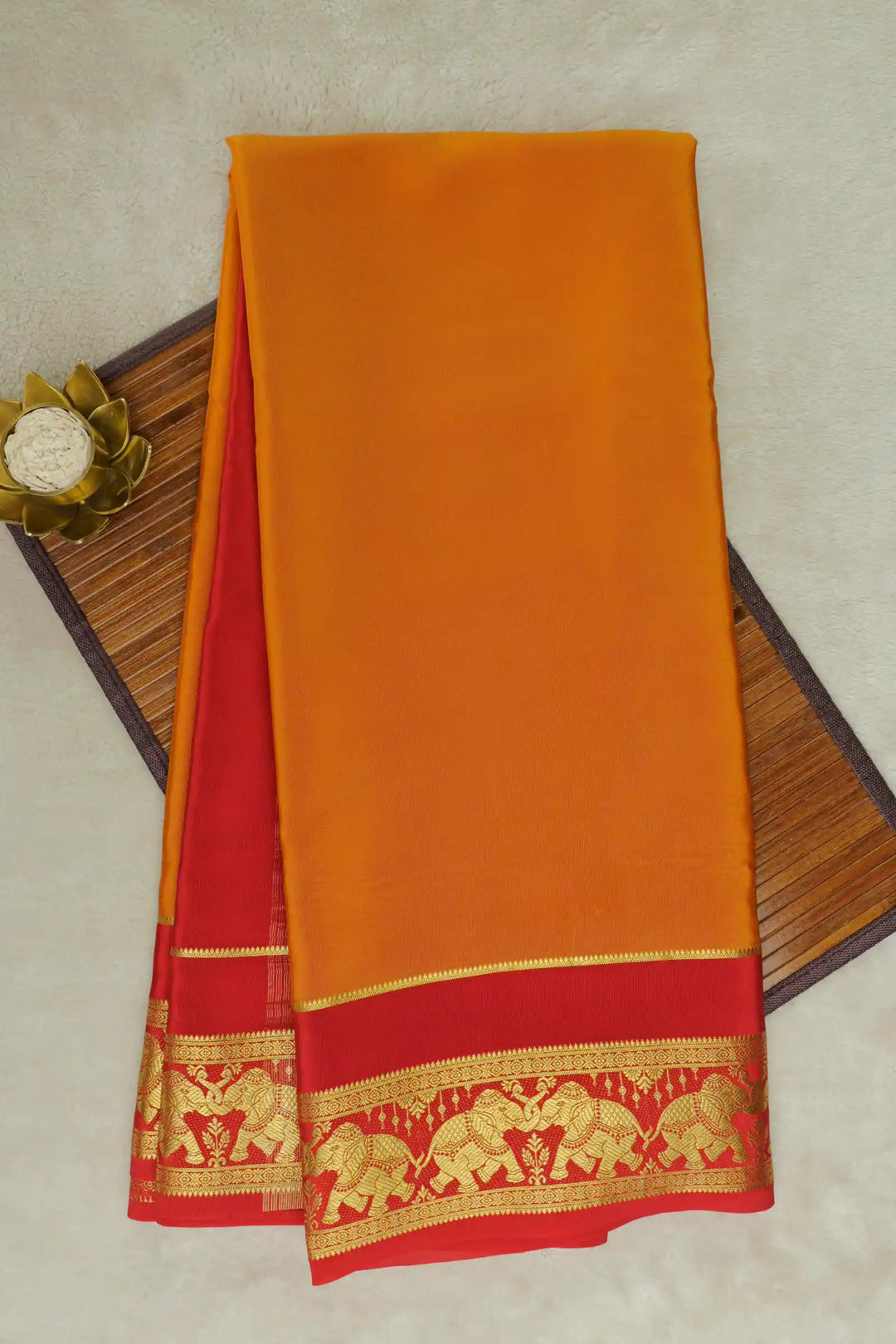 Elephant Bordered Mysore Silk Saree in Orange and Red