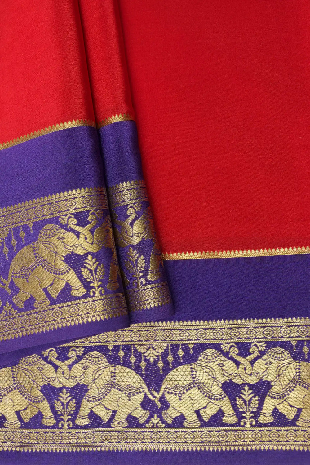 Elephant Bordered Mysore Silk Saree in Red and Purple